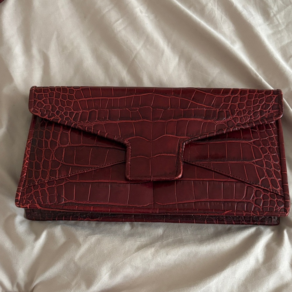 Sondra Roberts Wine Croc-Embossed Envelope Clutch with Gold Hardware